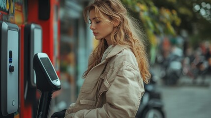 Poster - In a bustling city area, a woman interacts with an electric vehicle charging station while others engage in various activities nearby, showcasing modern mobility solutions.