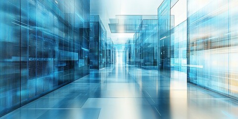 Poster - Digital corridor with blue translucent walls and futuristic design showcasing modern architecture and technology concepts
