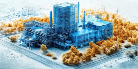 Poster - Modern industrial complex depicted in a blue and orange design surrounded by greenery