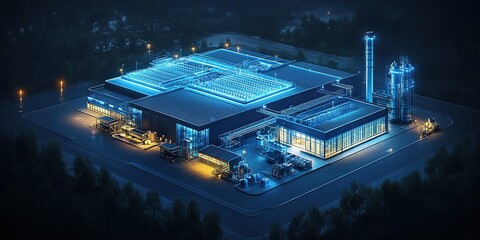 Poster - Factory complex illuminated at night showcases modern technology and industrial architecture in a serene setting