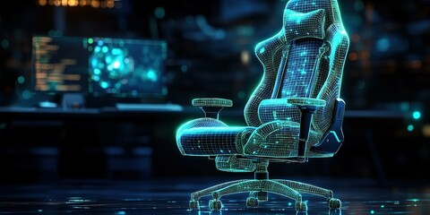 Poster - Modern gaming chair design showcased in a futuristic digital environment with glowing elements