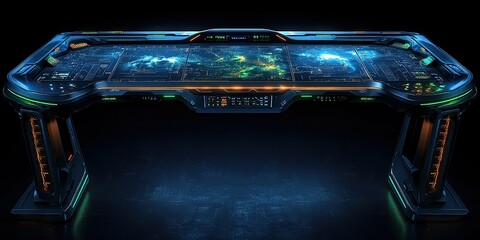 Poster - Futuristic control desk with holographic interface and glowing accents in a digital environment