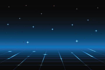 Leinwandbilder - Retro cyberpunk style 80s game scene pixel art 8-bit sci-fi background. glowing neon grid and stars from vintage arcade computer games.