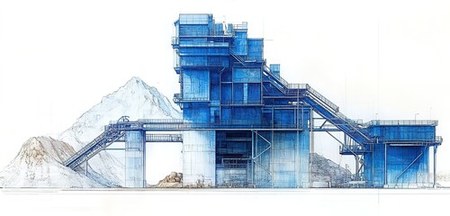 Poster - Modern industrial facility surrounded by mountains in a clear blue sky during daylight hours