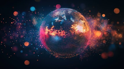 Poster - Vibrant disco ball made of glowing digital pixels and particles, radiating colorful light bursts in a festive abstract atmosphere