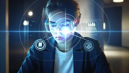 Poster - Focused Future: A woman in business attire is at the center of a digital interface, with beams of data and information coalescing.
