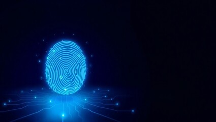blue glowing fingerprint on dark background, website illustration, web security 