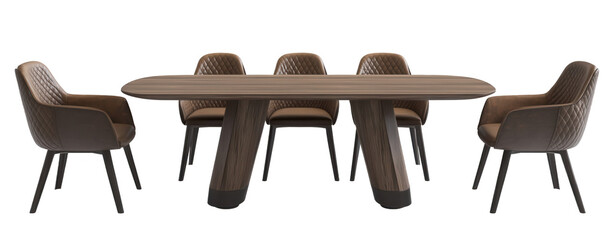 Fototapete - 3D rendering of a modern wooden dining table with leather chairs, isolated on a white background, png