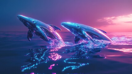 Wall Mural - Two whales leap out of the ocean under a colorful sky