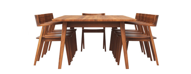 Fototapete - 3D rendering of a modern wooden dining table with leather chairs, isolated on a white background, png