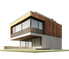 Fototapete - Modern house with wooden cladding and concrete walls, isolated on a white background, png
