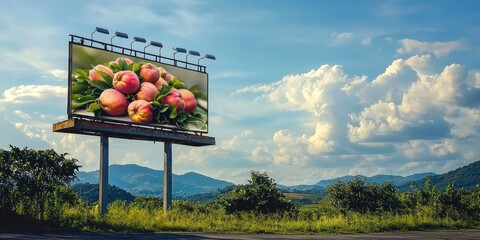 Poster - A billboard with a guava icon advertising fresh produce, set against a wide countryside view. 