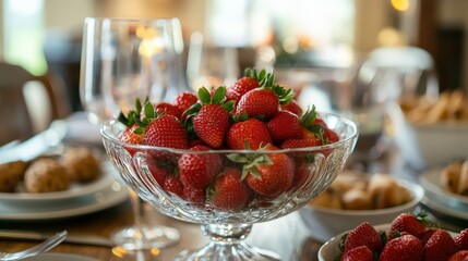 Poster - A bowl of strawberries arranged as a centerpiece on a dining table with other dishes. 