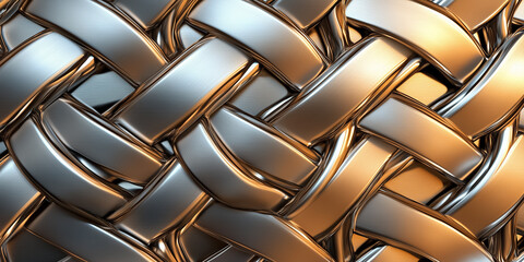 Poster - Metallic strands interwoven in complex patterns create a textured surface. Reflective elements highlight design intricacy. Concept of manufacturing, interior design, jewelry creation