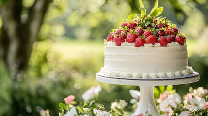 Poster - A cake stand holding a strawberry cake at an outdoor gathering with trees and flowers visible. 