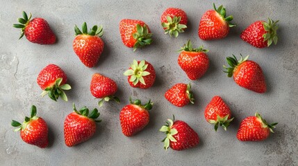 Poster - A collection of strawberries spread across a neutral surface, showcasing their overall shape and color. 