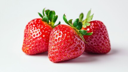 Poster - A few strawberries placed in a small group, photographed from an angle to show their vibrant red and green contrast.
