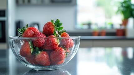 Poster - A glass bowl filled with strawberries, centered on a modern kitchen counter.