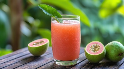 Poster - A glass of guava juice on a table in a tropical outdoor cafÃ©, surrounded by vibrant greenery. 