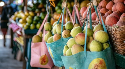Poster - A guava fruit icon printed on large reusable bags displayed at a farmerâ€™s market. 