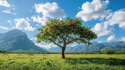 Poster - A guava tree standing alone in a meadow, with flowers and a mountain range visible far away 