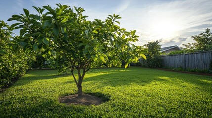 Poster - A guava tree growing in a backyard garden, with a small wooden fence in the distance. 