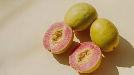 Poster - A halved guava with seeds visible, placed next to whole guavas, isolated against light beige. 
