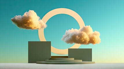 Poster - White fluffy clouds flying past a large circle in a soft blue 3D environment