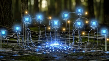 Poster - Innovative neural implants connecting to a bright central hub in a futuristic forest