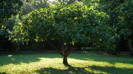 Poster - A large guava tree in a backyard garden, with sunlight filtering through its leaves. 