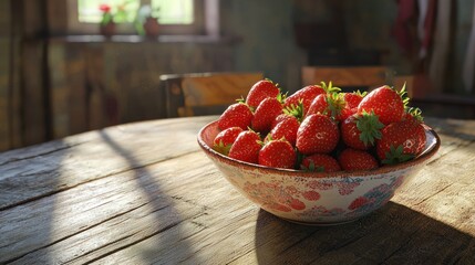 Poster - A medium view of a ceramic bowl of strawberries placed on a rustic wooden table in a sunlit room. 
