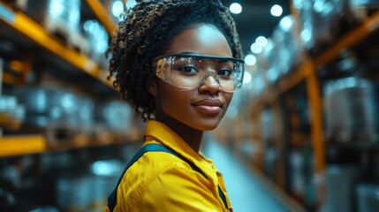 Poster - A determined worker wearing glasses and a safety uniform stands confidently in a bustling logistics center filled with neatly arranged products, emphasizing the importance of warehouse efficiency.