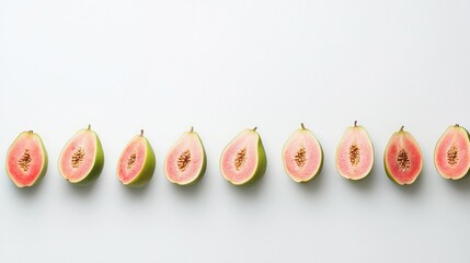 Poster - A neatly arranged row of whole guava fruits and slices, on a plain white background, minimalistic. 