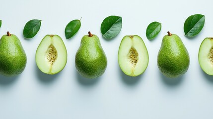 Poster - A neatly arranged row of whole guava fruits and slices, on a plain white background, minimalistic. 