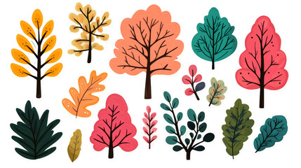 Wall Mural - Autumn Foliage Illustrations: Diverse Leaves and Trees, cut out transparent