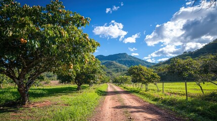 Poster - A path lined with guava trees under a bright, sunny sky, creating a serene farm view. 