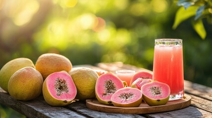 Poster - A picnic table with a spread of pink guava slices and juice, set in a scenic park or garden. 