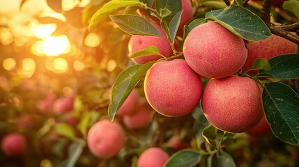 Poster - A picturesque orchard filled with trees laden with pink guava fruits under a golden sunset. 