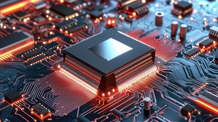 Poster - 3D-rendered AI microchip in a glowing circuit board environment, representing cutting-edge technology