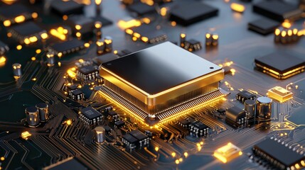 Poster - 3D-rendered AI microchip in a glowing circuit board environment, representing cutting-edge technology