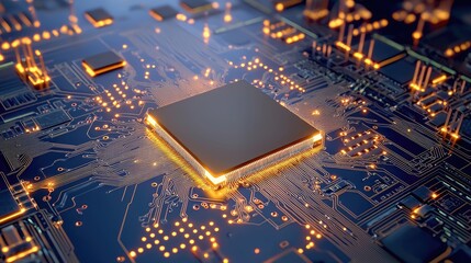 Poster - 3D-rendered AI microchip in a glowing circuit board environment, representing cutting-edge technology