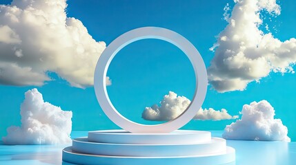 Poster - Abstract 3D render of soft white clouds floating around a bold circular shape on a blue backdrop