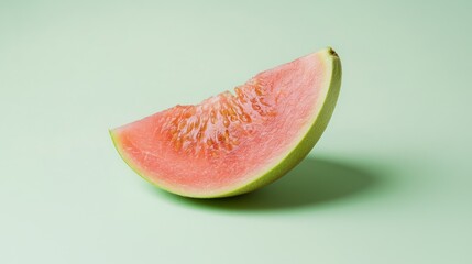 Poster - A pink guava slice placed creatively in a minimal composition, isolated on a light green background 