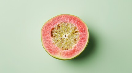 Poster - A pink guava slice placed creatively in a minimal composition, isolated on a light green background 