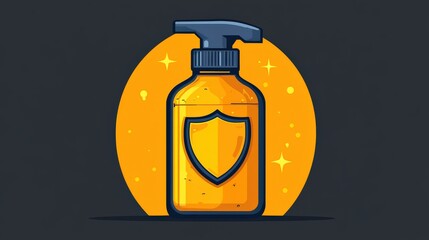 Poster - An illustrated spray bottle with a shield logo against a bright circular background