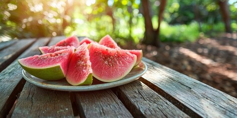 Poster - A plate of guava slices placed on a rustic picnic bench with a forest in the distance. 