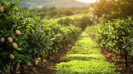 Poster - A row of pink guava trees on a farm with fruits visible from a distance, surrounded by soft sunlight. 