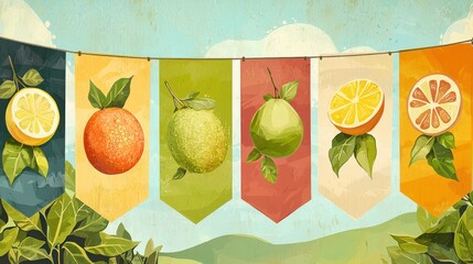 Poster - A series of guava icons used on banners at an outdoor agricultural fair. 