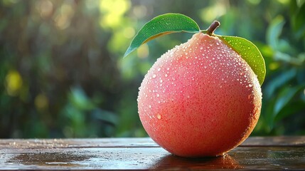 Poster - A single pink guava fruit with dew drops glistening on its skin, placed on a wooden plank outdoors. 