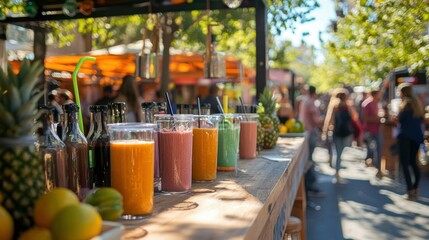Poster - A smoothie station at an outdoor market, with multiple drinks displayed and a crowd in the background 